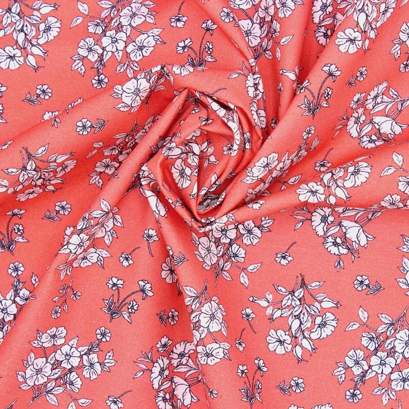 Poplin cotton with flowers - coral