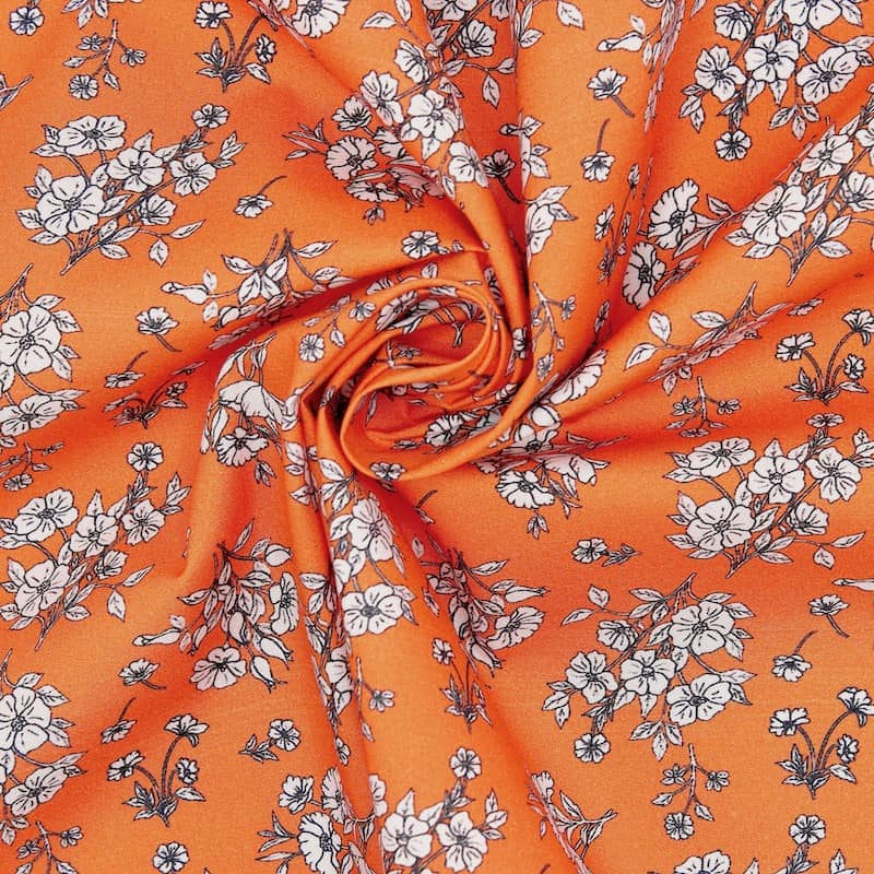 Katoen popeline met bloemen - oranje