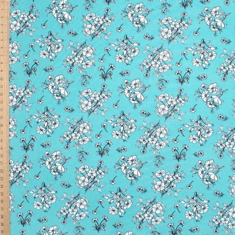 Poplin cotton with flowers - aquamarine