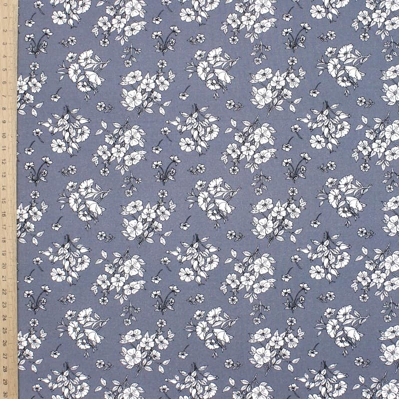 Poplin cotton with flowers - grey