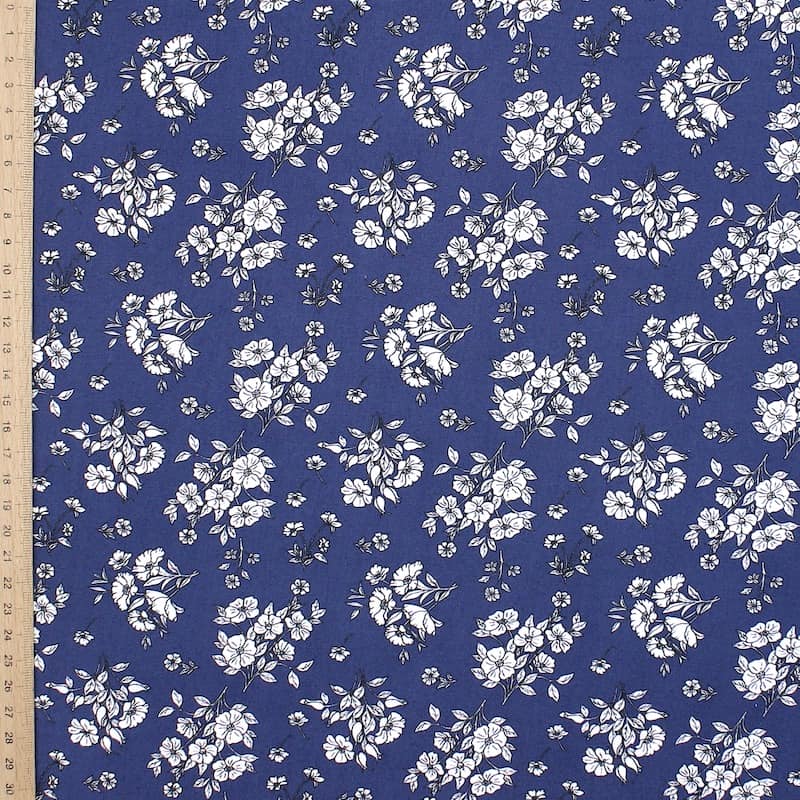 Poplin cotton with flowers - navy blue