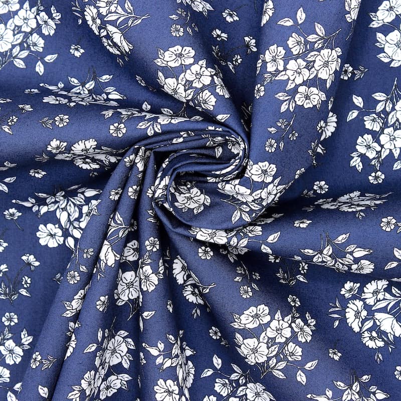 Poplin cotton with flowers - navy blue