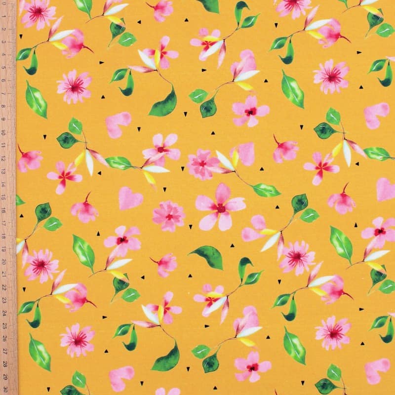 Popeline coton fleur  de jasmin - moutarde