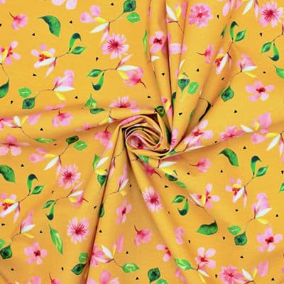 Poplin cotton with jasmine flowers - mustard yellow