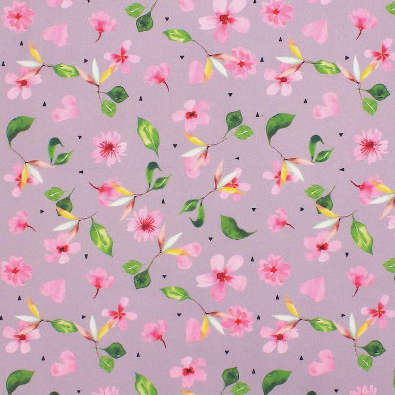 Poplin cotton with jasmine flowers - parme