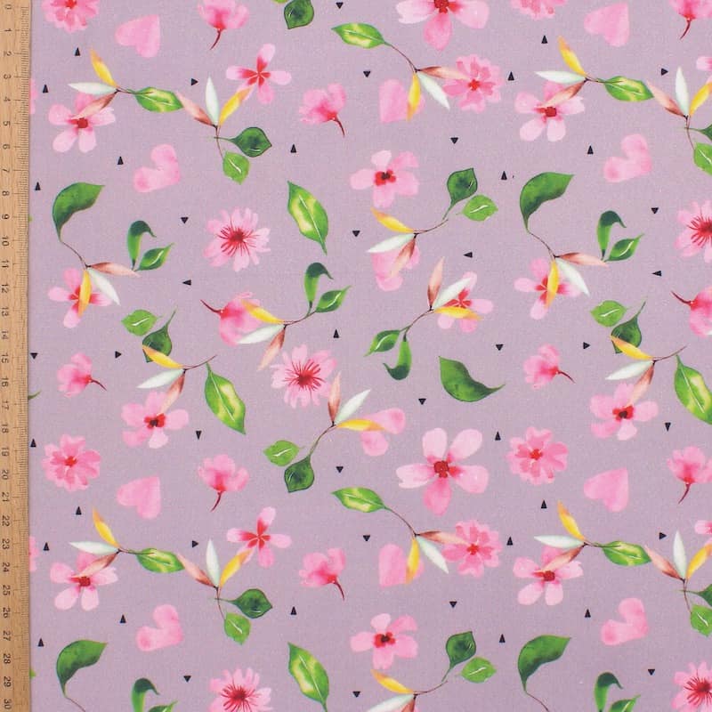 Poplin cotton with jasmine flowers - parme