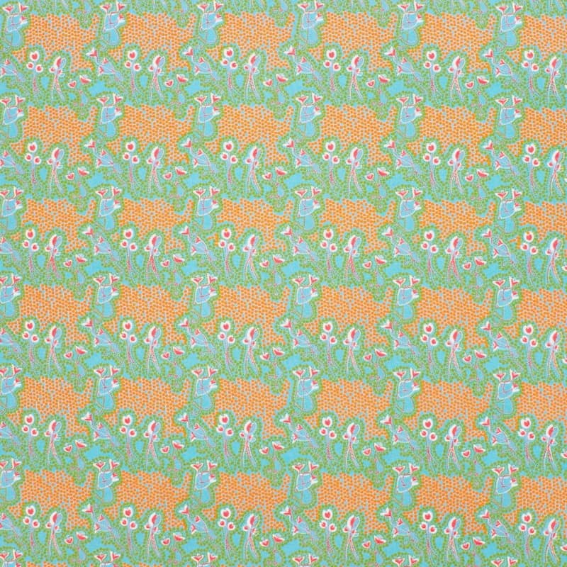 Poplin cotton with flowers - blue and orange