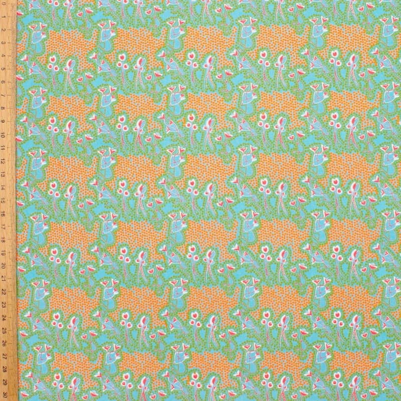 Poplin cotton with flowers - blue and orange