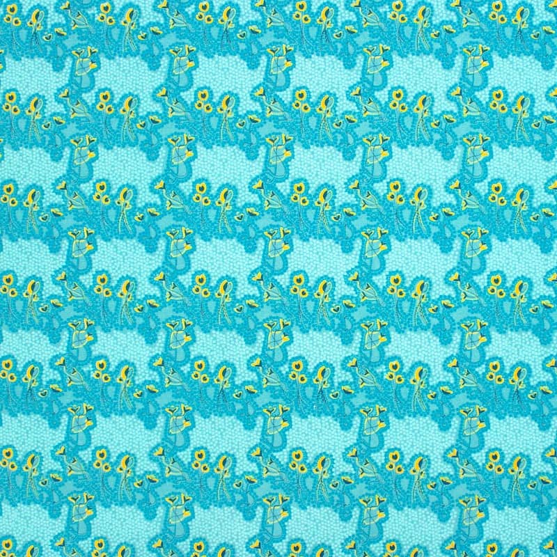 Poplin cotton with flowers - blue and yellow