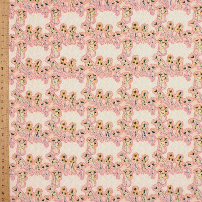 Poplin cotton with flowers - white and pink