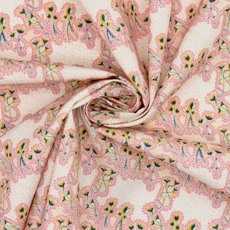 Poplin cotton with flowers - white and pink