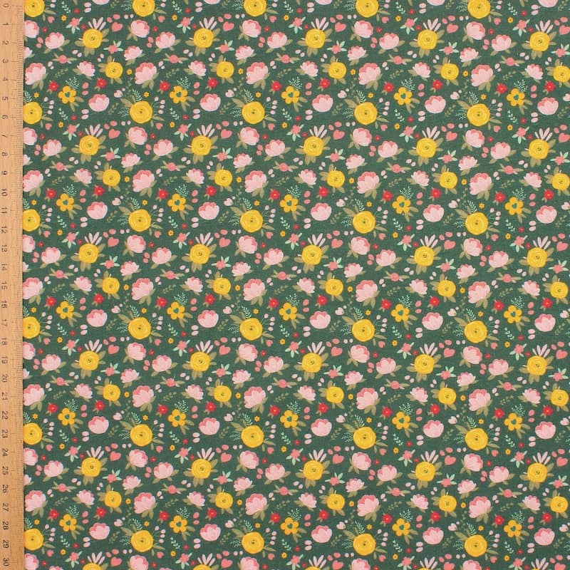 Cotton with flowers - green
