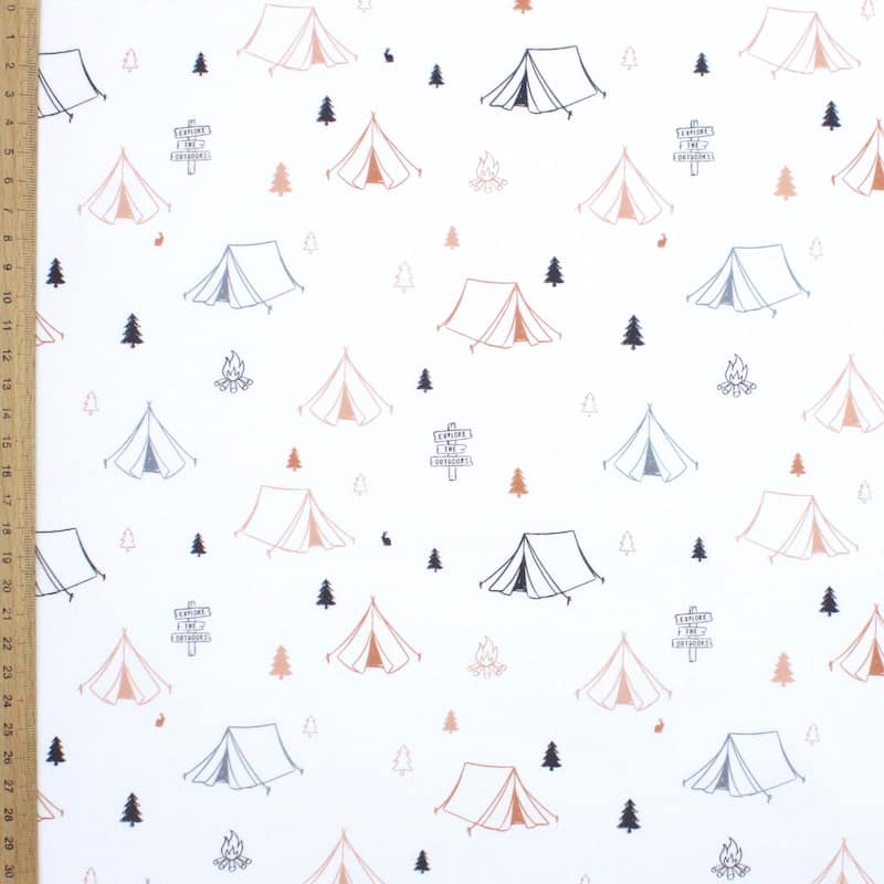 Cotton with camping tents - pink / rust