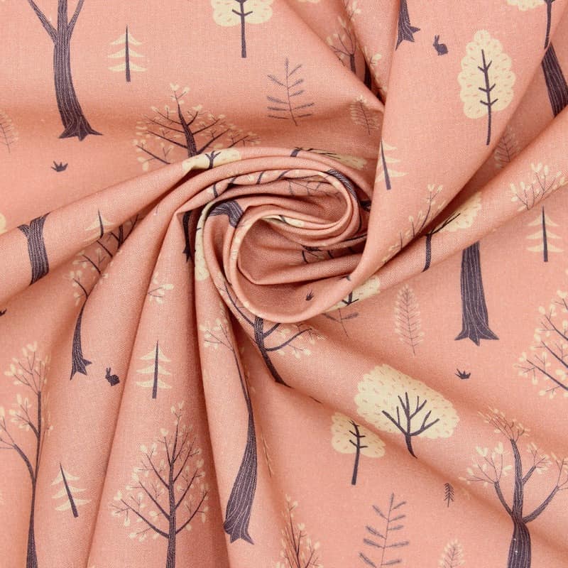 Tissu coton arbres - rose
