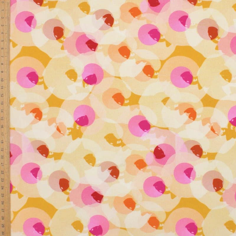 Popeline coton motif  - moutarde et rose