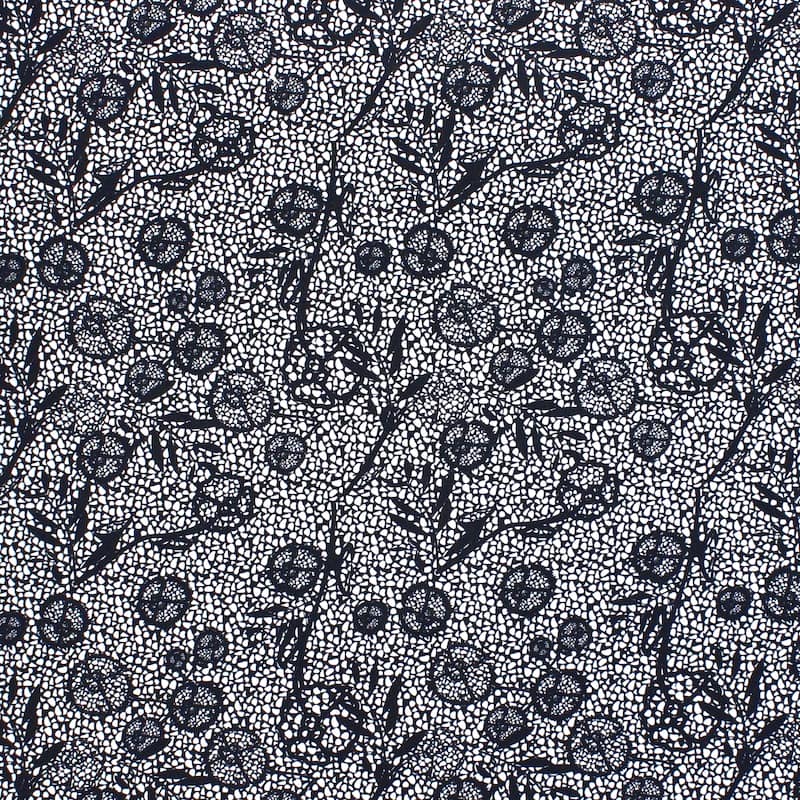Cotton poplin with lace flowers - black / white