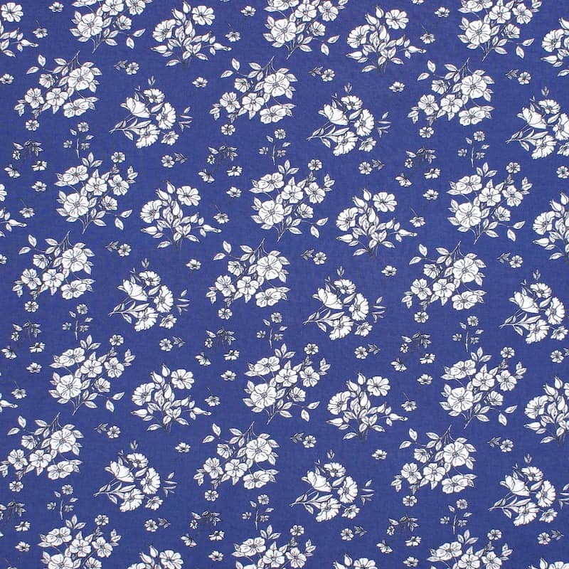 Tissu viscose fleurs - bleu 