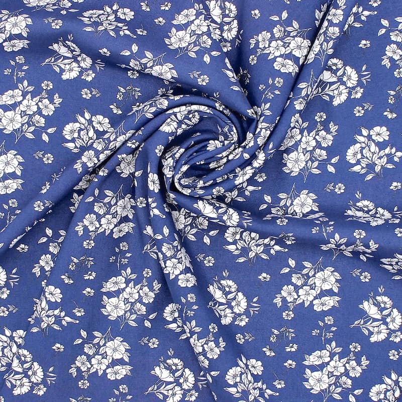 Tissu viscose fleurs - bleu 
