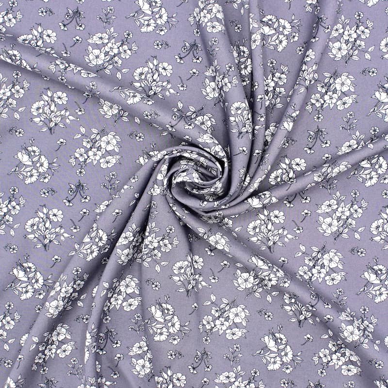 Tissu viscose fleurs - gris 