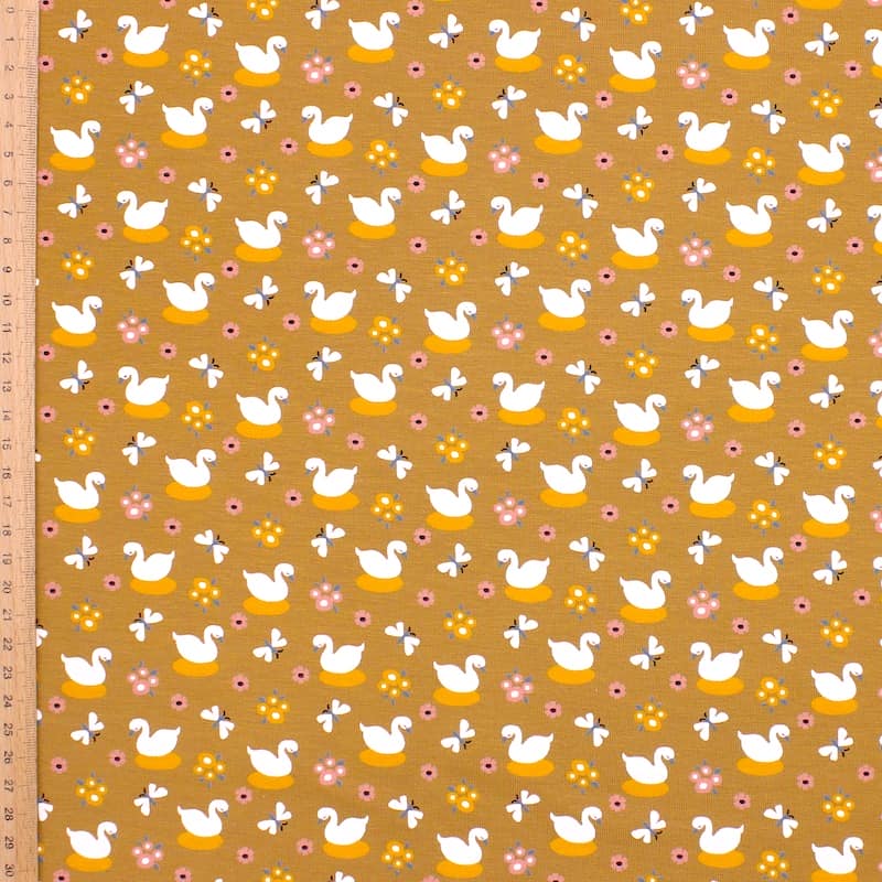 Jersey fabric with ducks - mustard yellow
