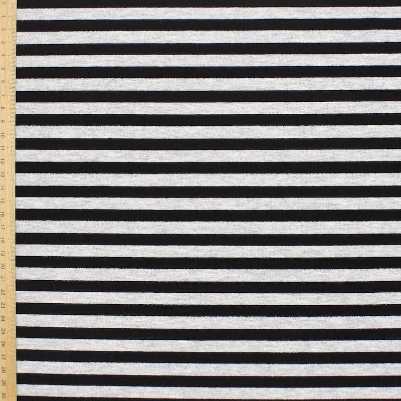 Striped jersey fabric with silver fantasy thread