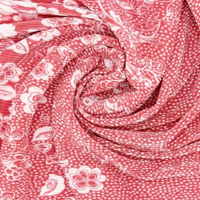 Plissé stof in polyester met bloemen - theeroos
