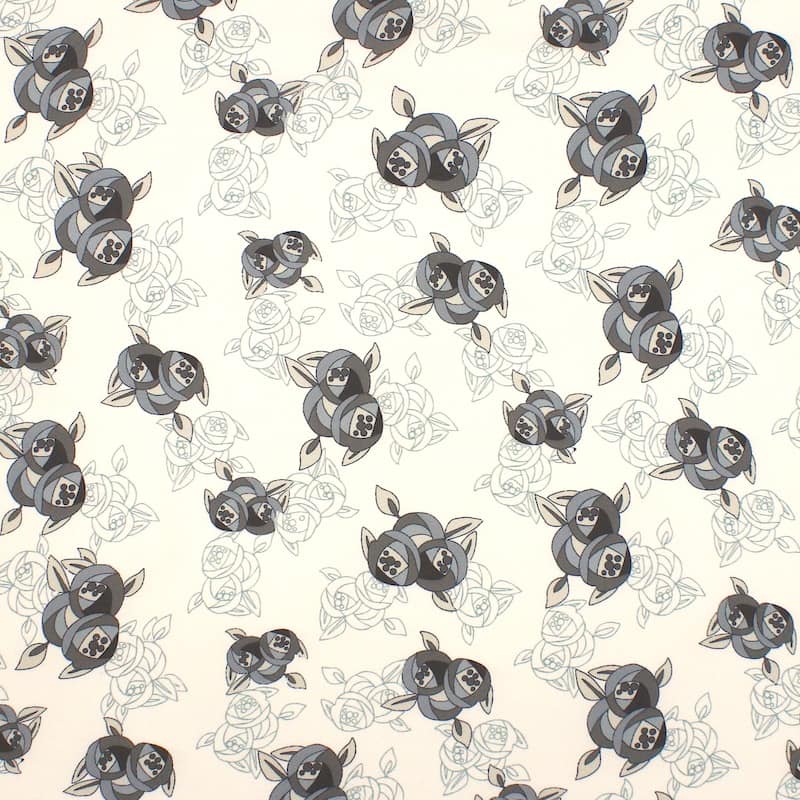 Polyester satin fabric with flowers - off-white