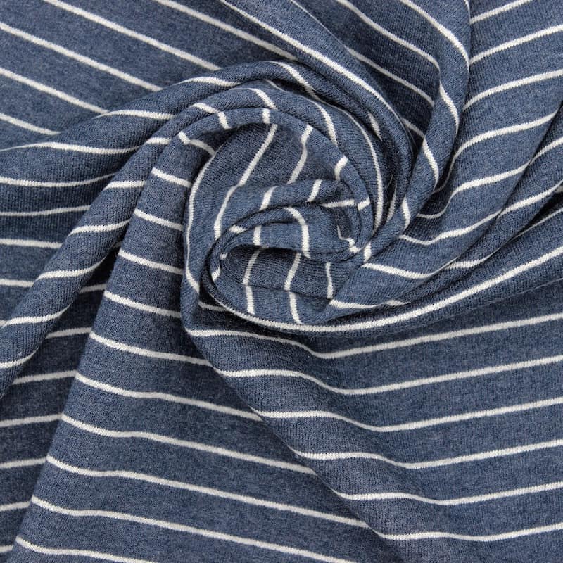 Striped french terry sweatshirt fabric  - navy blue / white
