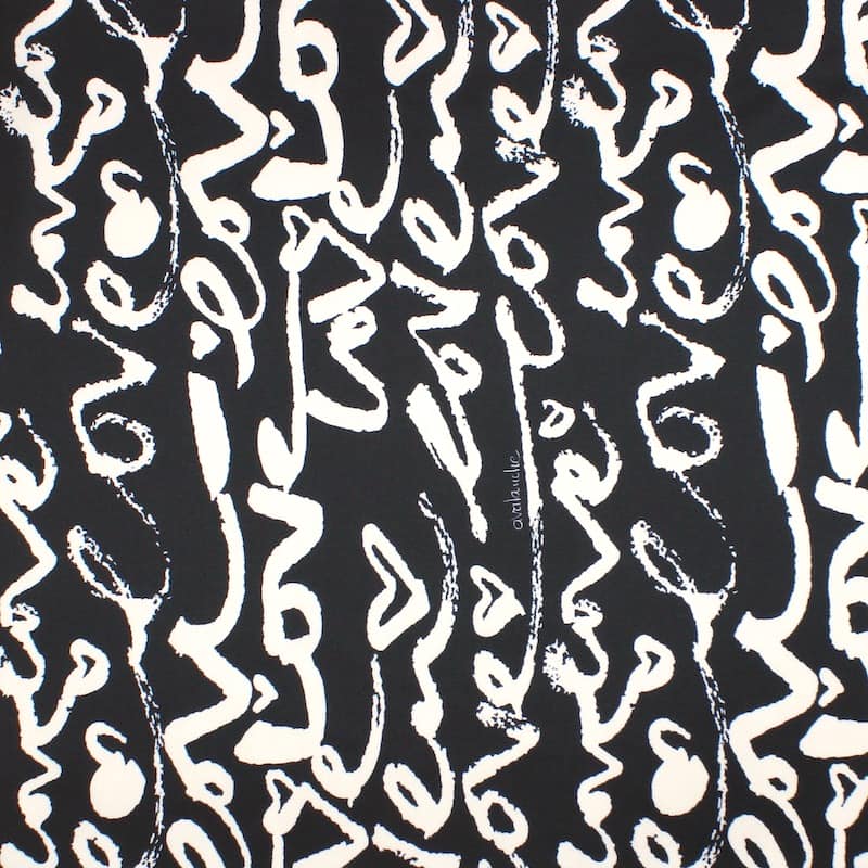 Satin fabric with "love" pattern - black