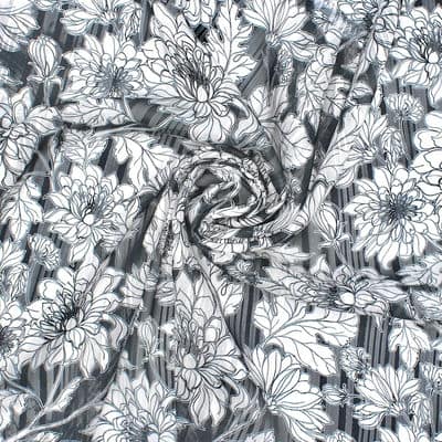 Polyester sluier met bloemen en satijn strepen  