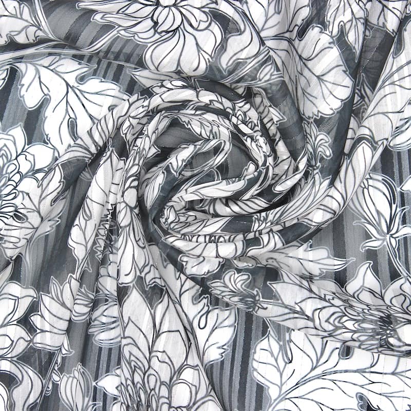 Polyester sluier met bloemen en satijn strepen  
