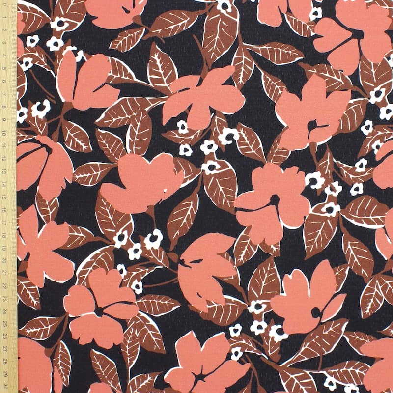 Fabric with flowers and crêpe effect - brown