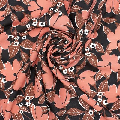 Fabric with flowers and crêpe effect - brown
