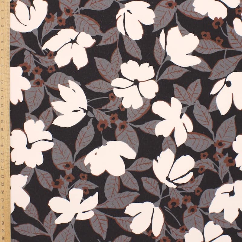 Fabric with flowers and crêpe effect - black / cream