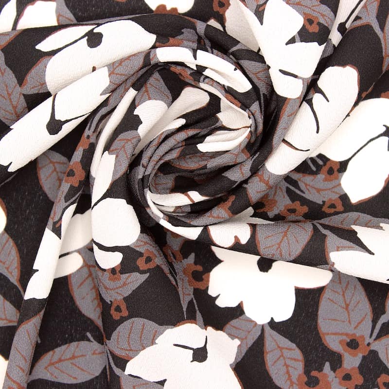 Fabric with flowers and crêpe effect - black / cream