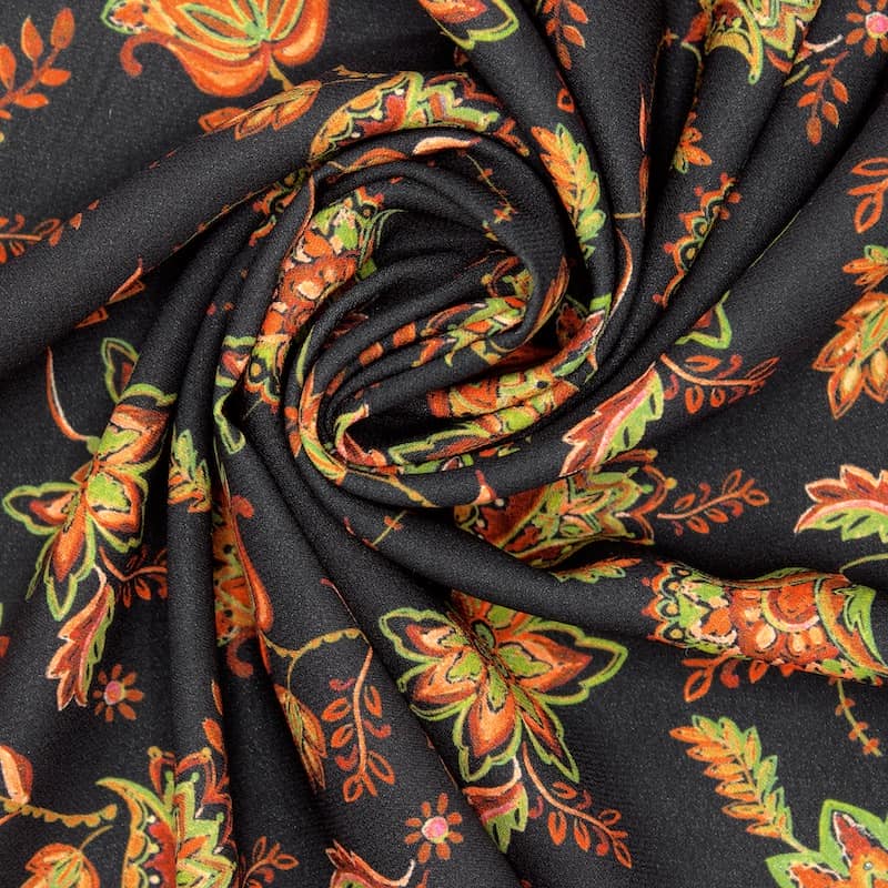 Tissu aspect crêpe floral - noir