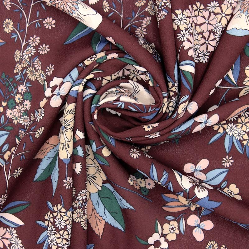 Tissu polyester fleurs - bourgogne