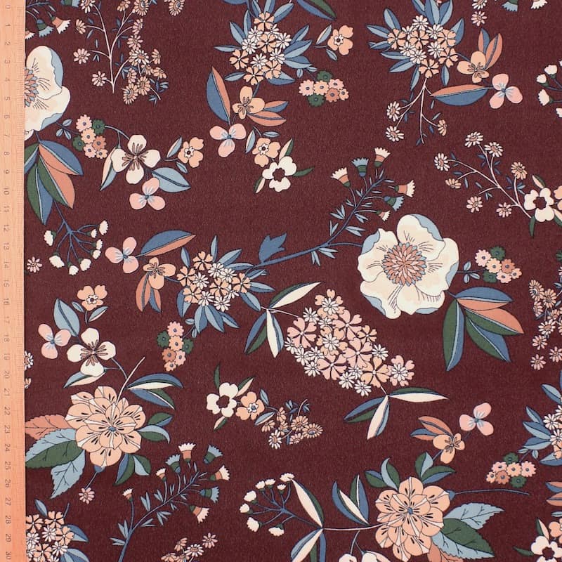 Tissu polyester fleurs - bourgogne