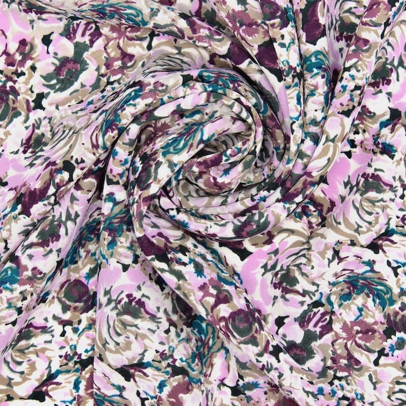 Tissu polyester fleurs - rose/bordeaux
