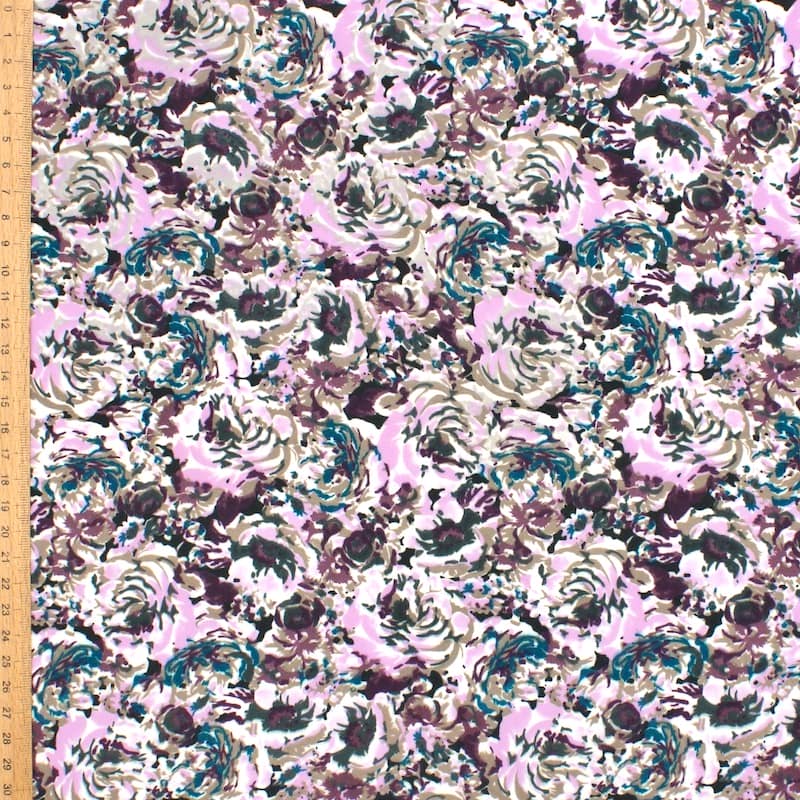 Tissu polyester fleurs - rose/bordeaux