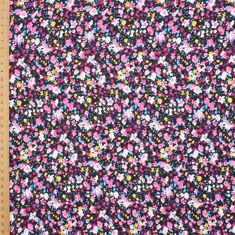 Tissu voile polyester fleurs - noir/rose
