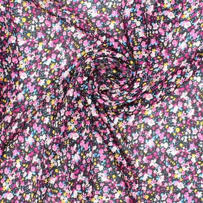 Veil in polyester with flowers - black / pink