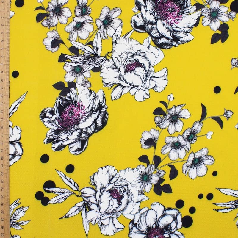 Embossed satin with flowers - yellow
