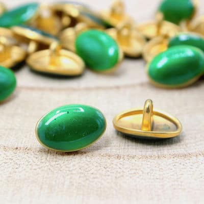 Golden oval button - enamelled green