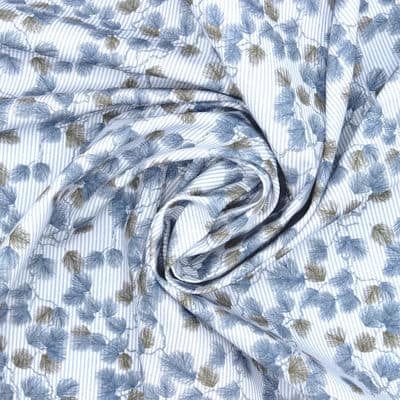 Cotton with foliage and stripes - blue