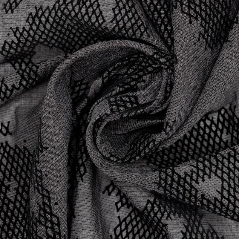 Polyester sluier met fluweel motieven - zwart 