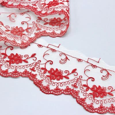 Embroidered tulle with flowers - red
