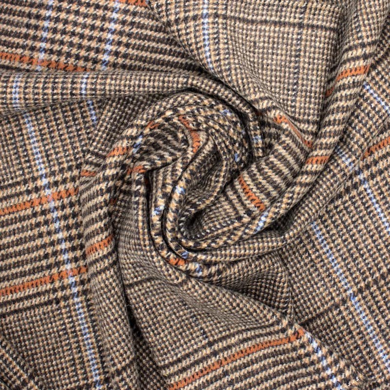 Checkered 100% wool fabric - brown