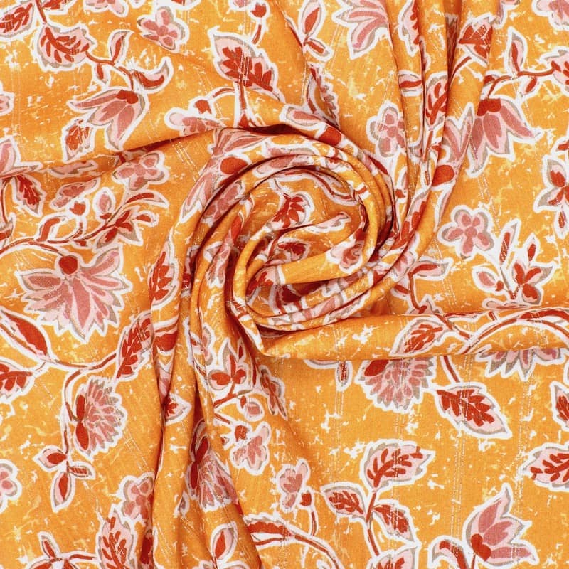 Tissu viscose floral - orange