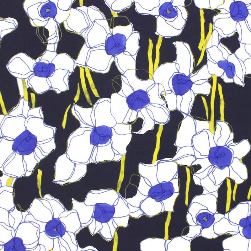 Viscose fabric with flowers - blue / cream
